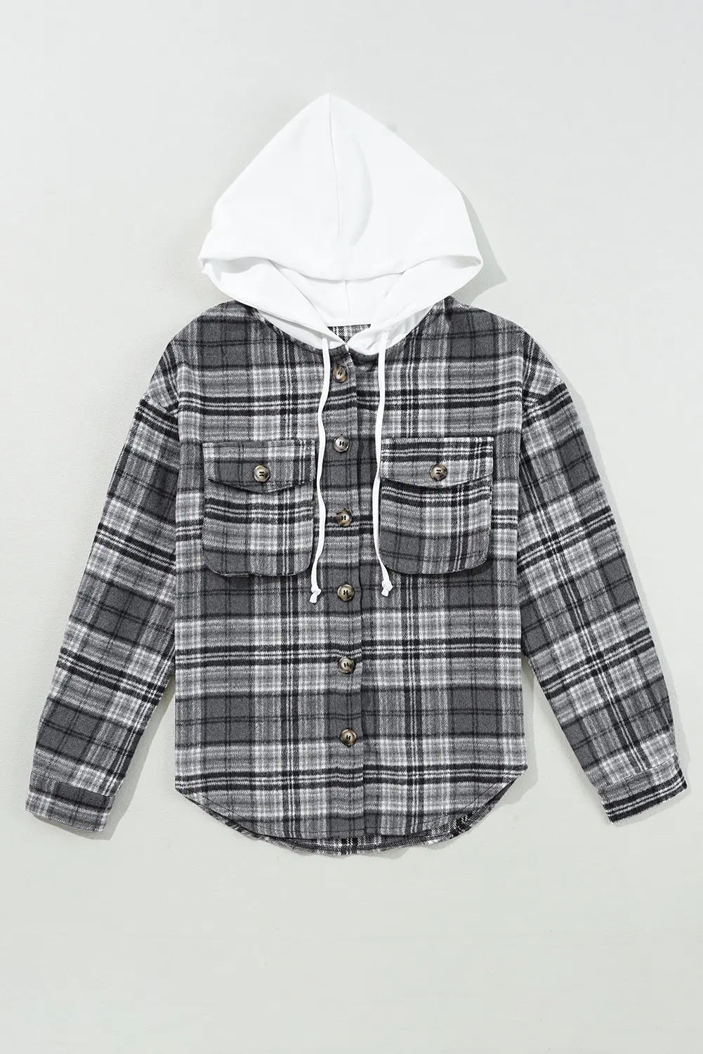 Black Plaid Print Flap Pockets Contrast Hooded Loose Shacket Dear-Lover Dropshipping
