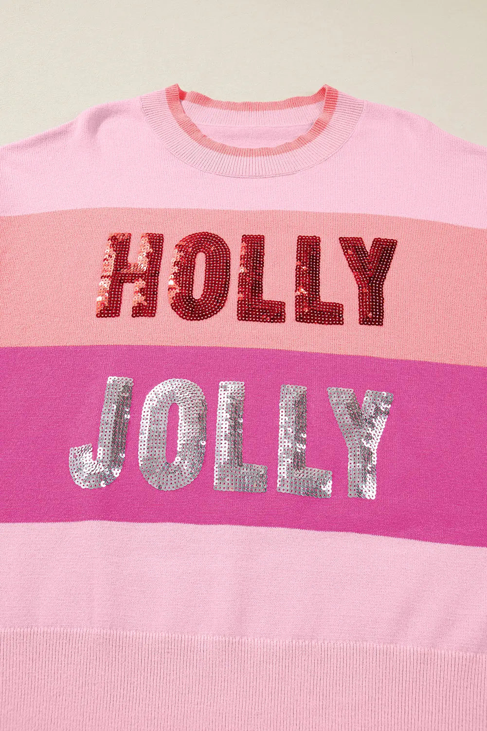 Pink Sequined HOLLY JOLLY Color Block Crew Neck Sweater Dear-Lover Dropshipping