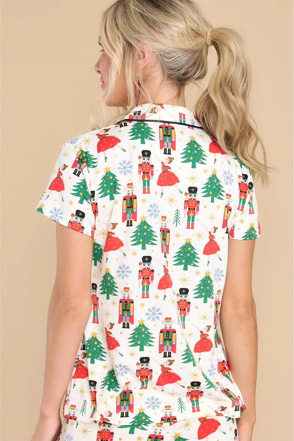 White Printed Christmas Pattern Buttoned Two Piece Sleepwear Dear-Lover Dropshipping