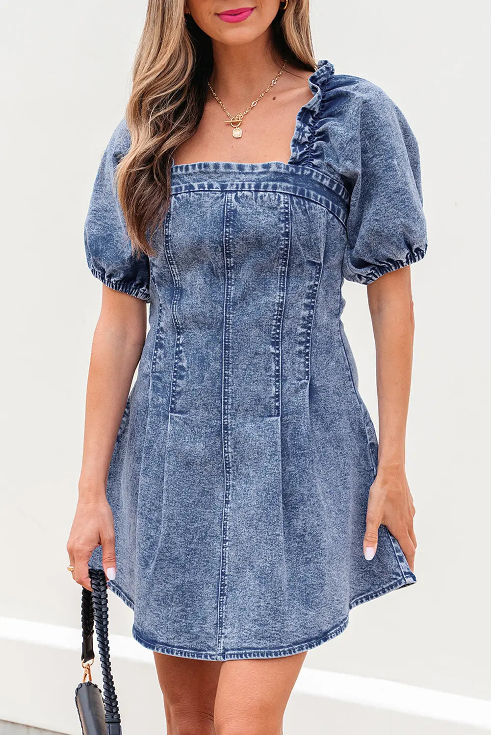 Blue Frilly Square Neck Bustier Puff Sleeve Short Denim Dress Dear-Lover Dropshipping