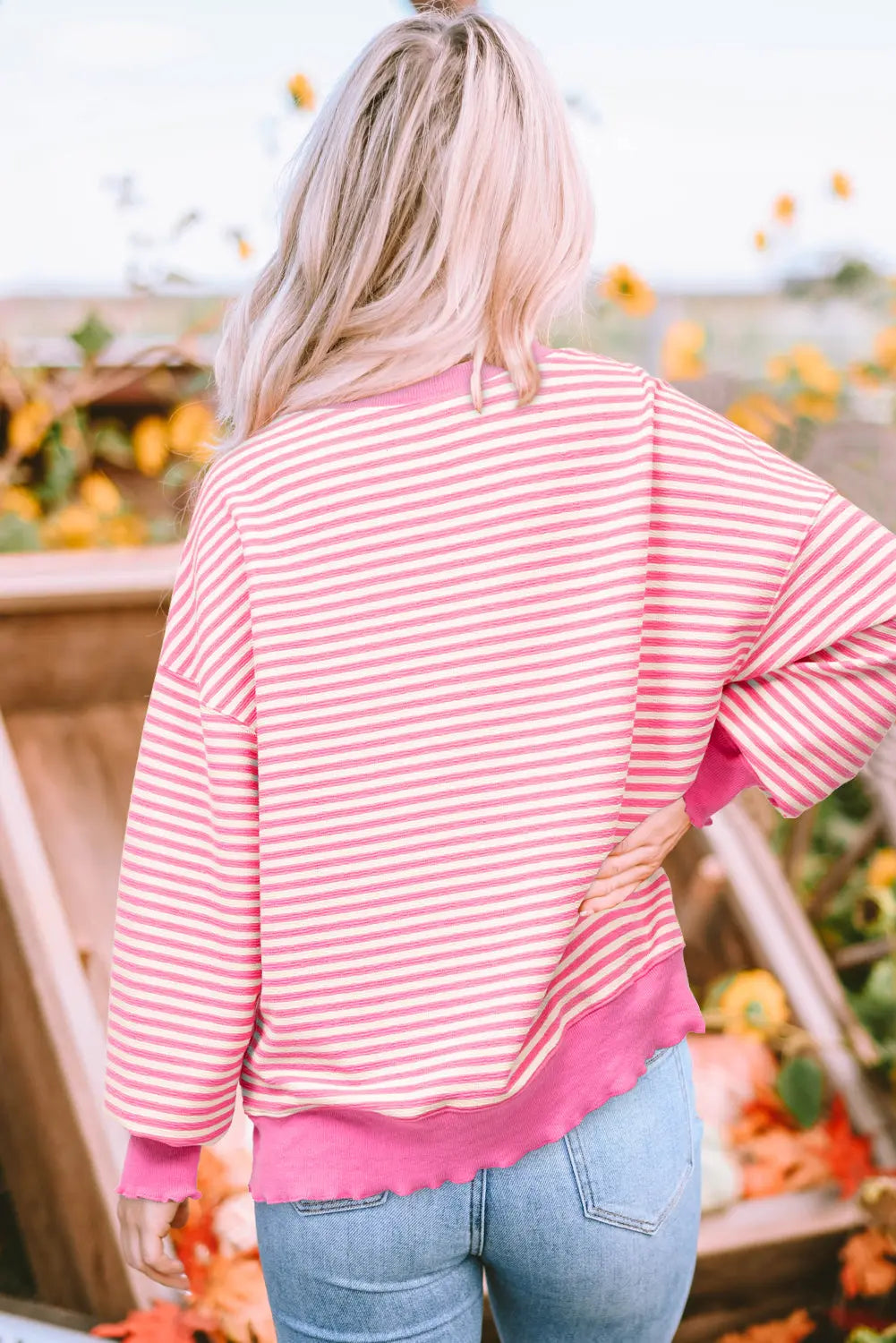 Pink Stripe Santa Clause Print Drop Shoulder Long Sleeve Loose Top Dear-Lover Dropshipping