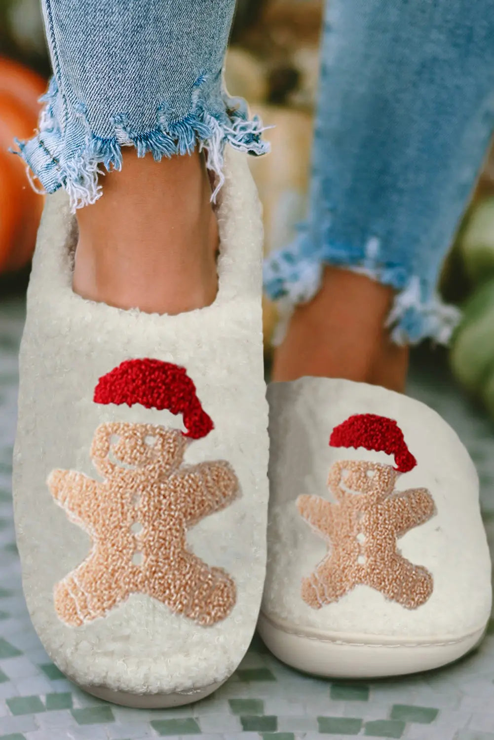 White Christmas Gingerbread Man Plush Home Slippers Dear-Lover Dropshipping