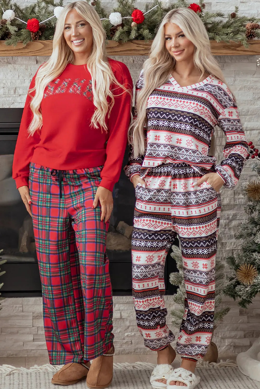 Red Plaid Mama Graphic Christmas Holiday Crewneck Pullover and Pants Two Piece Lounge Set Dear-Lover Dropshipping