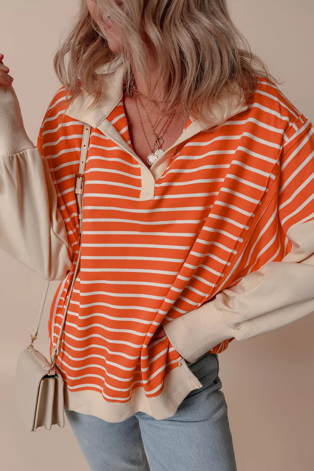 Orange Stripe Color Block Loose Fit Collared Drop Shoulder Sweatshirt Dear-Lover Dropshipping