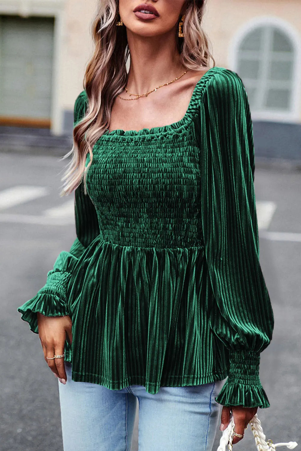 Blackish Green Smocked Ribbed Velvet Babydoll Top Dear-Lover Dropshipping