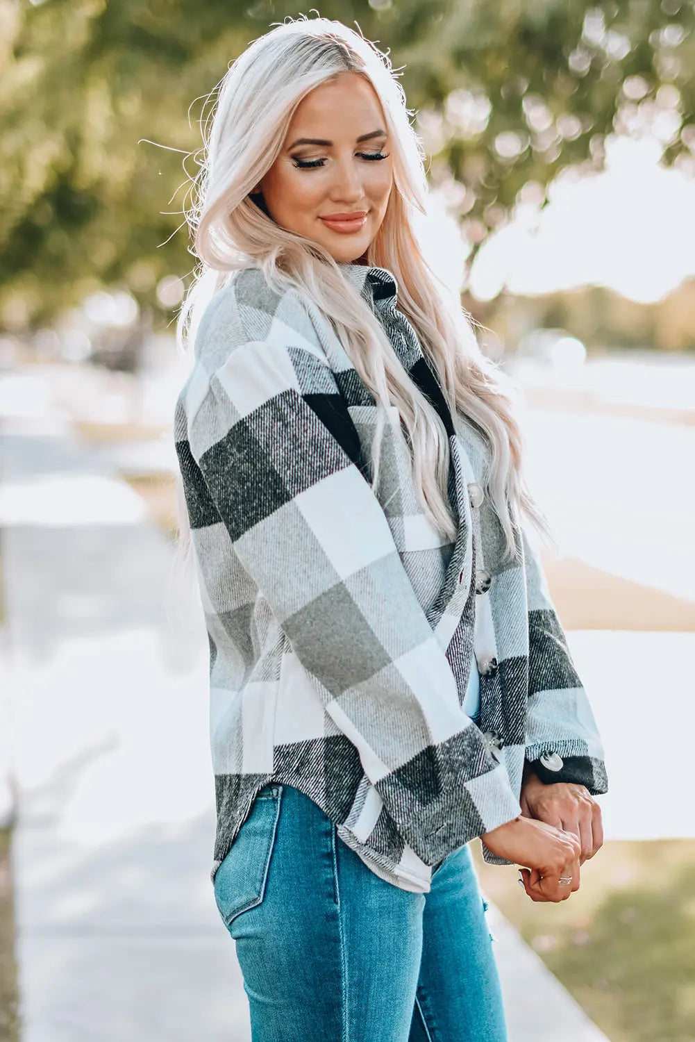 Gray Plaid Color Block Buttoned Long Sleeve Jacket with Pocket Dear-Lover Dropshipping