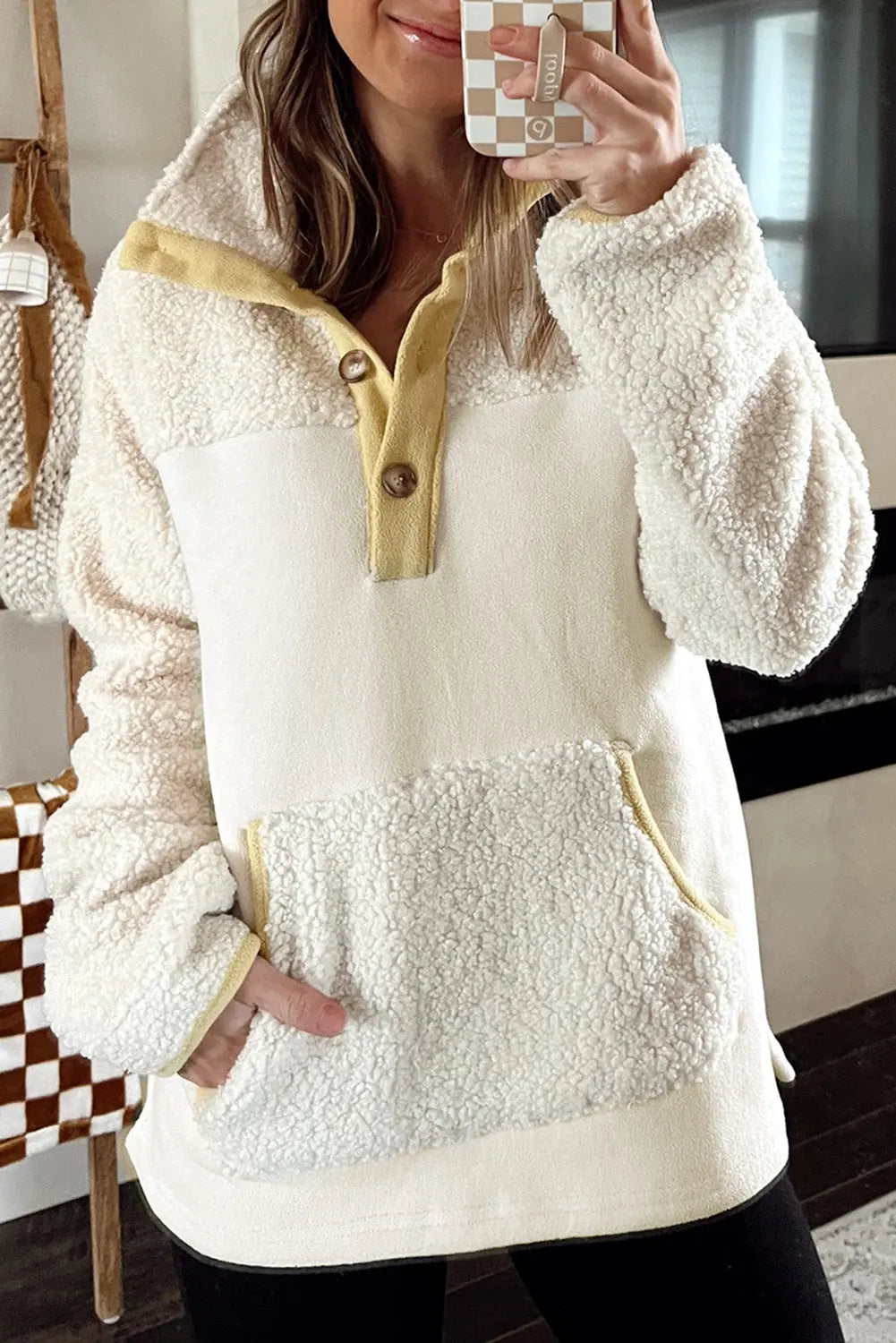 Beige Fleece Colorblock Trim Buttons Collar Sweatshirt with Pocket Dear-Lover Dropshipping