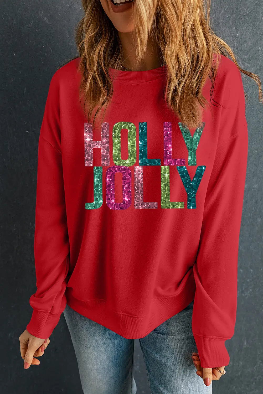 Red Heat Transfer HOLLY JOLLY Printing Christmas Pullover Sweatshirt Dear-Lover Dropshipping