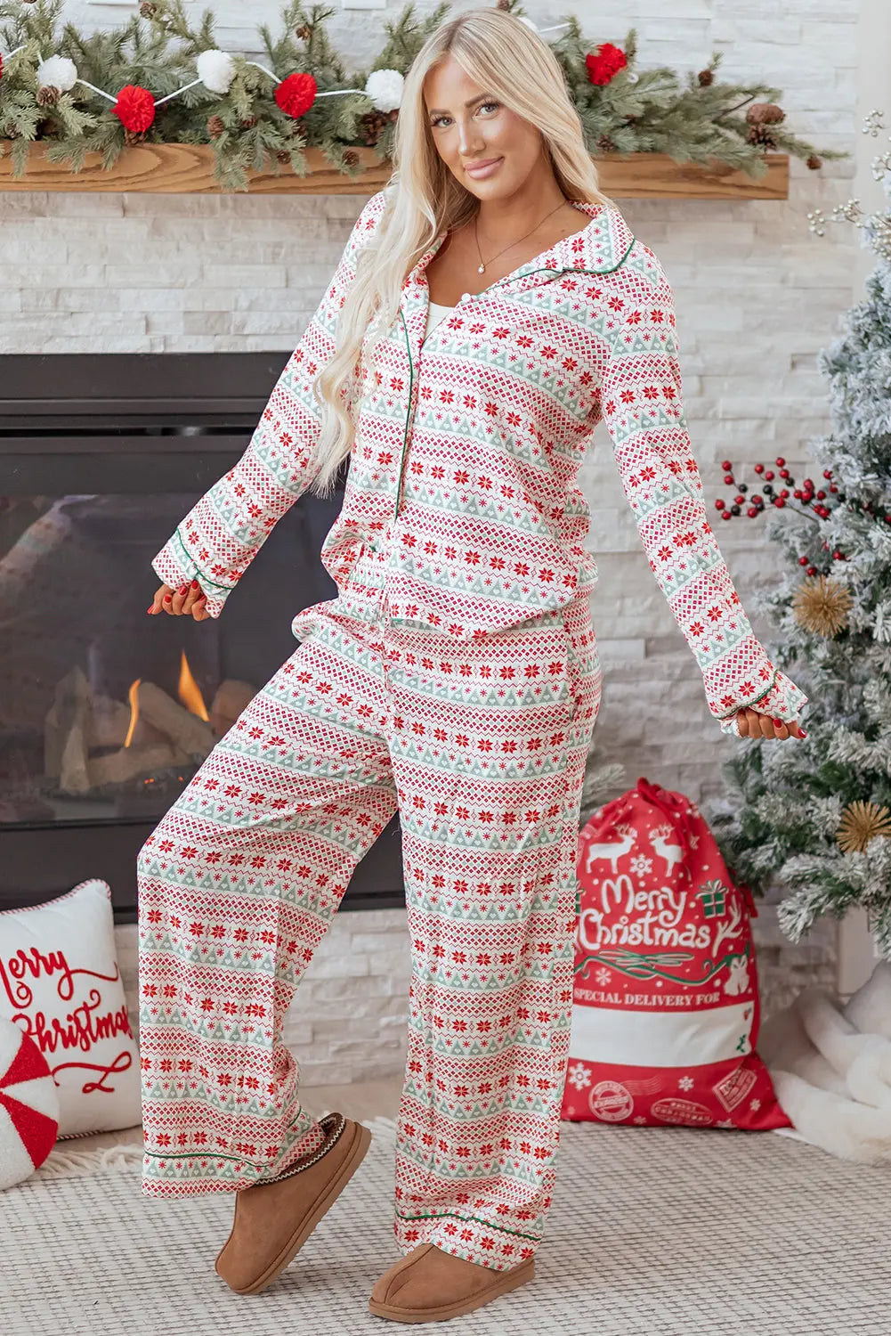 White Christmas Pattern Print Shirt Style Long 2pcs Pajama Set Dear-Lover Dropshipping
