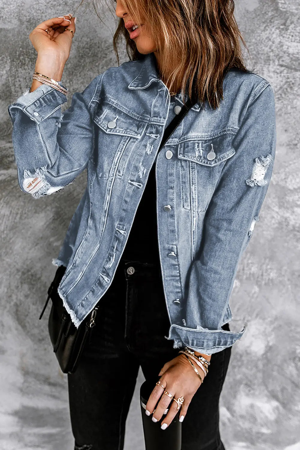 Sky Blue Lapel Distressed Raw Hem Buttons Denim Jacket Dear-Lover Dropshipping
