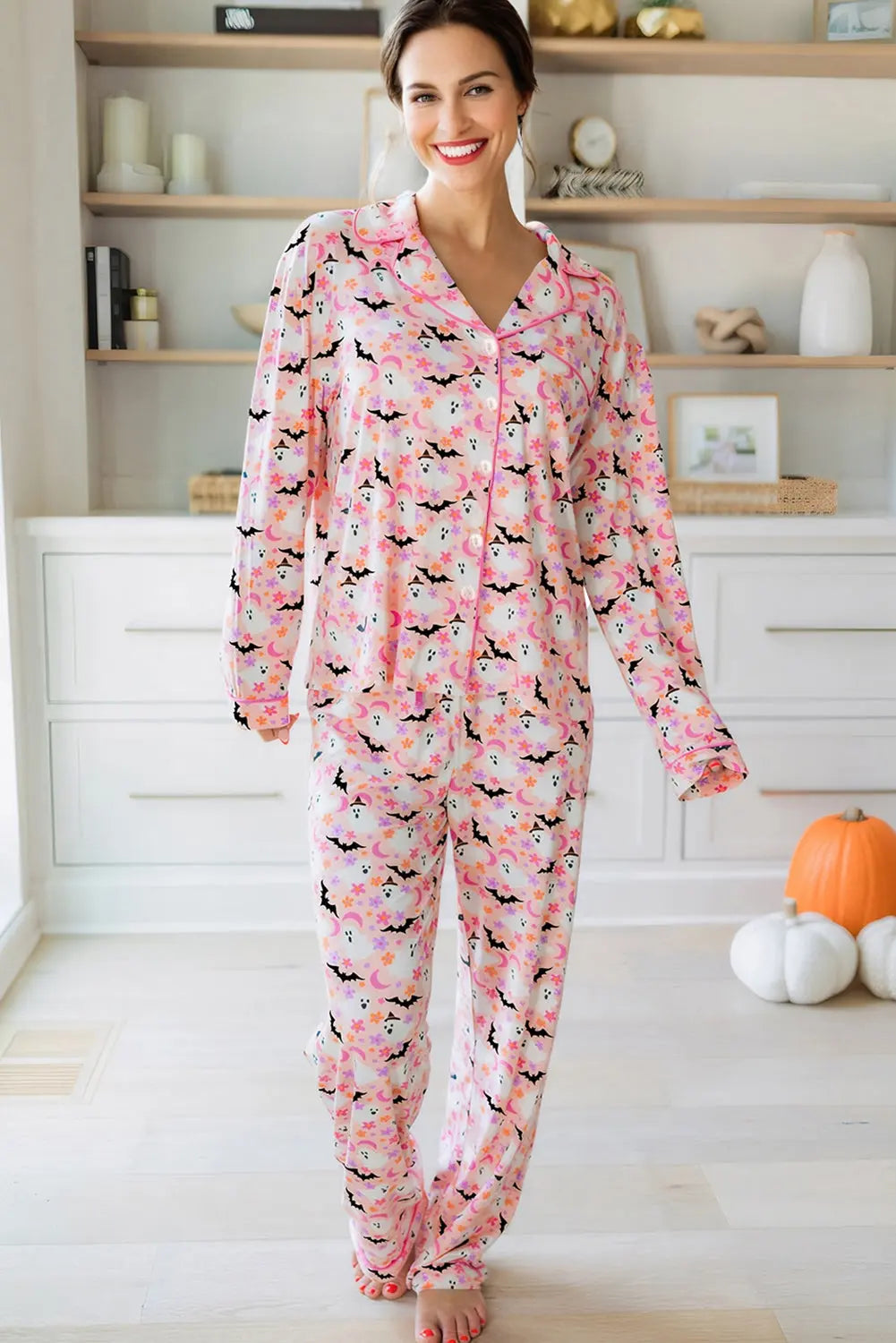 Pink Halloween Eve Haunted Honey Bat Print Pajama Set Dear-Lover Dropshipping