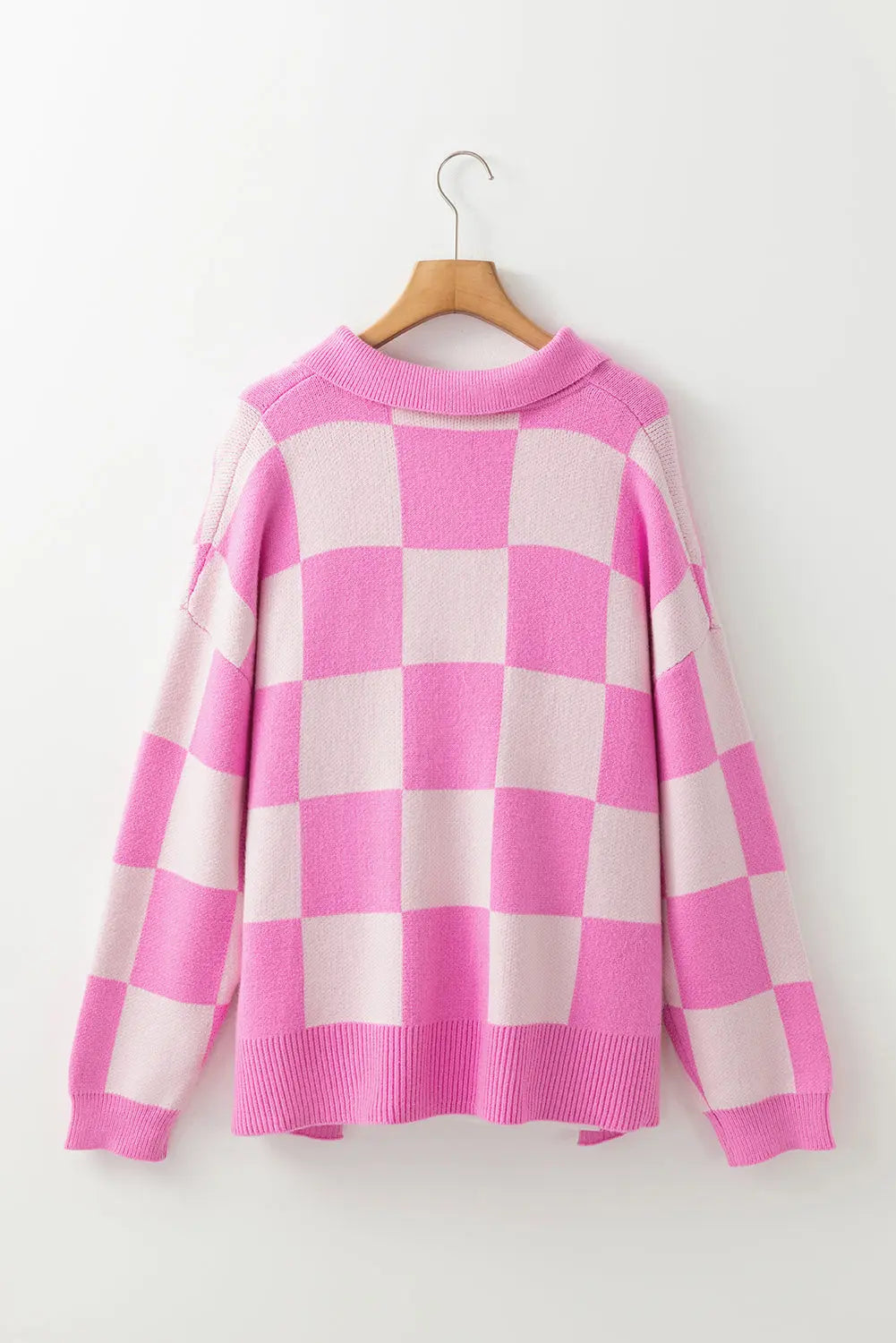 Pink Checkerboard Half Button Collared Drop Shoulder Sweater Dear-Lover Dropshipping