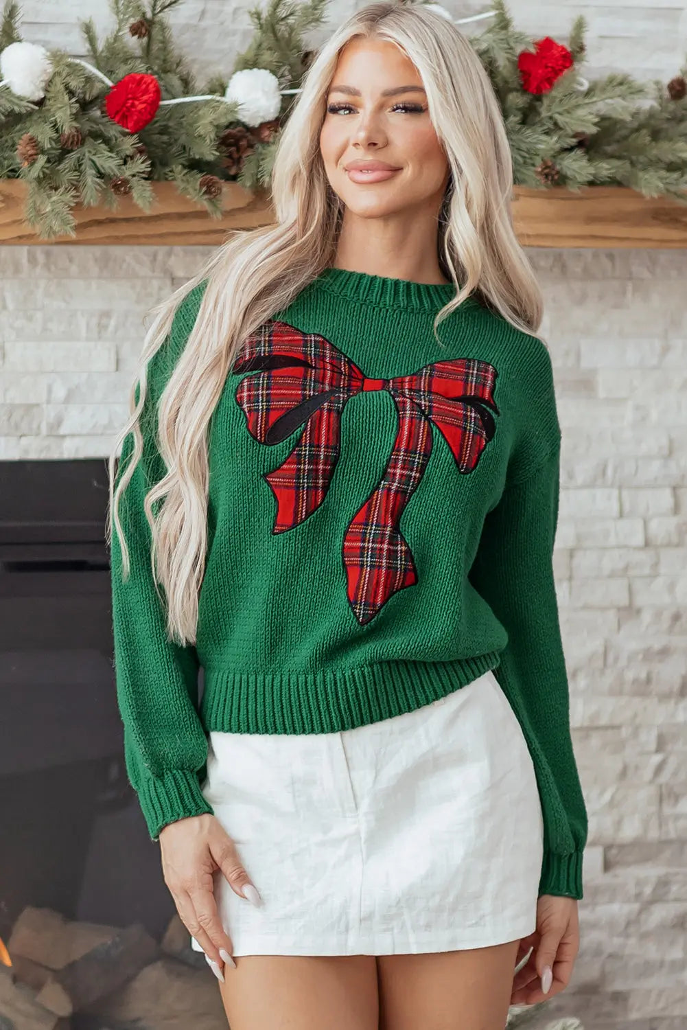 Evergreen Plaid Bow Graphic Christmas Sweater Dear-Lover Dropshipping