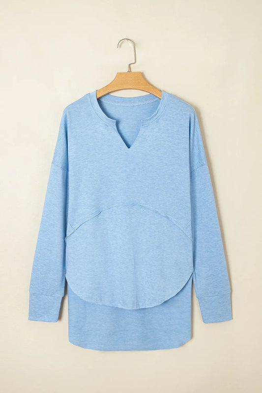 Myosotis Notched Neck Terry Raw Hem Long Sleeve Top Dear-Lover Dropshipping
