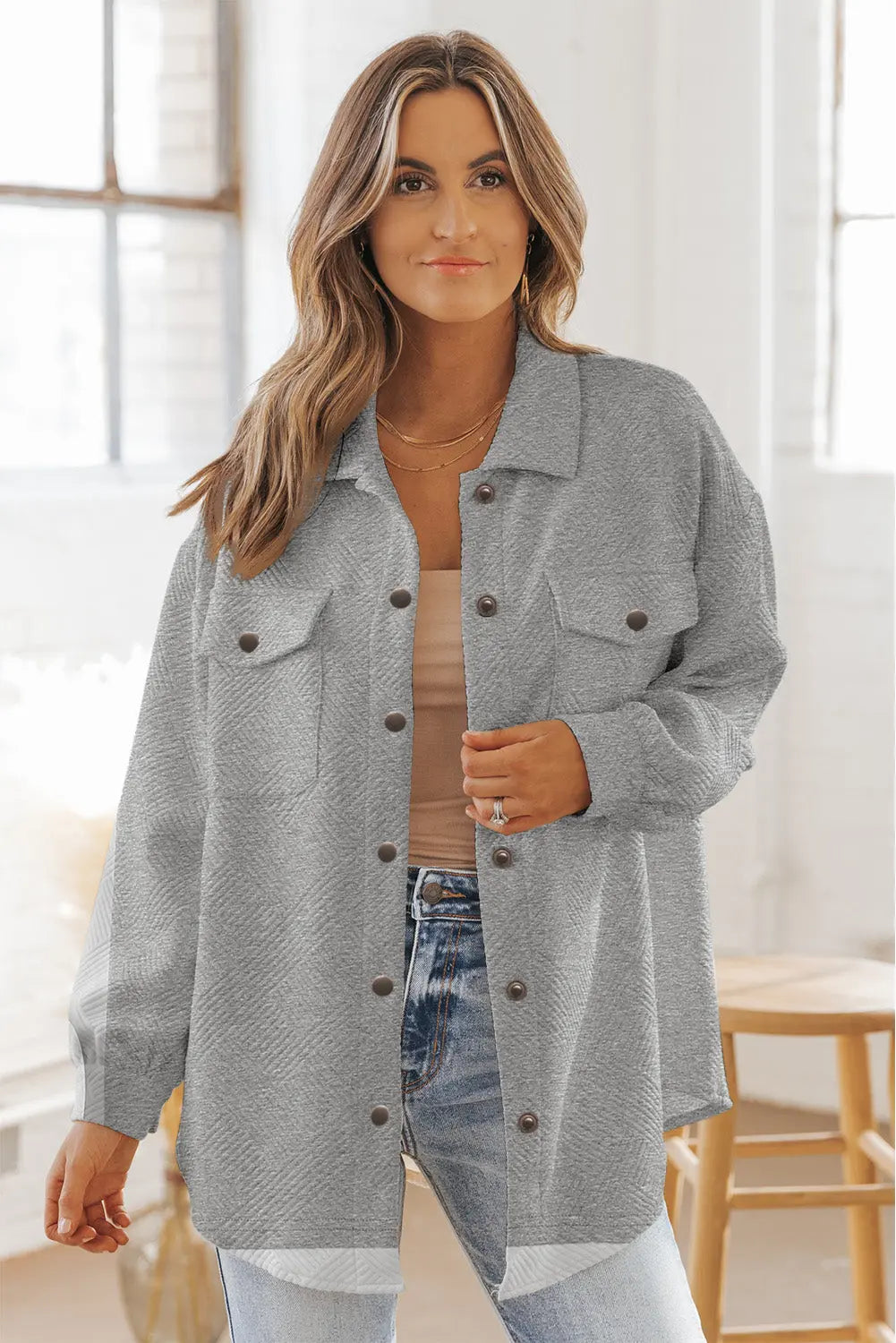 Gray Solid Textured Flap Pocket Buttoned Shacket Dear-Lover Dropshipping