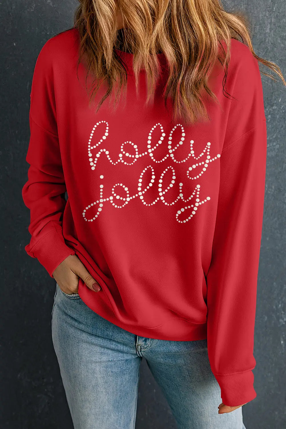Red Christmas holly jolly Ceramic Rhinestone Letter Graphic Sweatshirt Dear-Lover Dropshipping