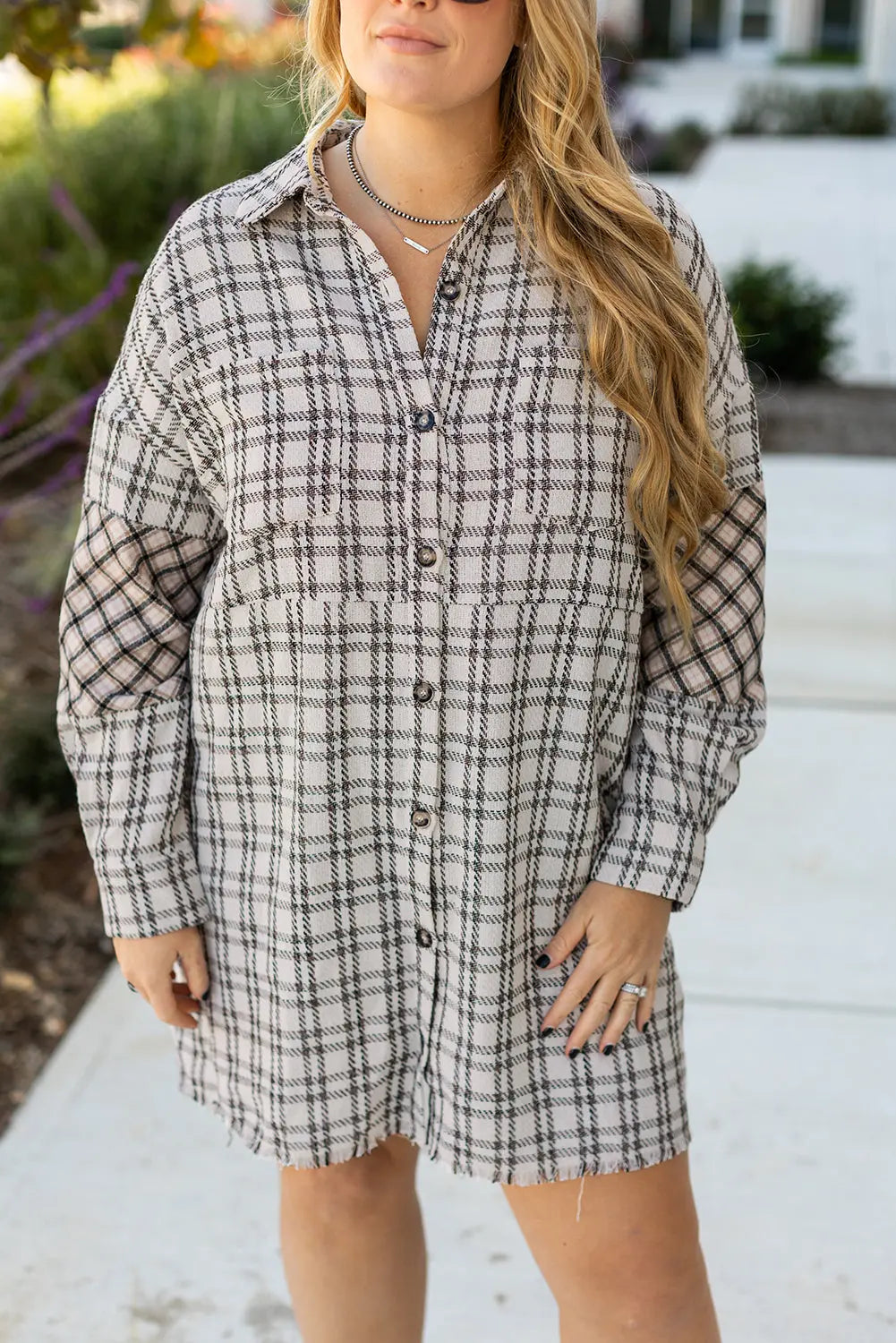 White Stripe Plus Size Plaid Buttoned Raw Hem Tunic Shirt Dress Dear-Lover Dropshipping