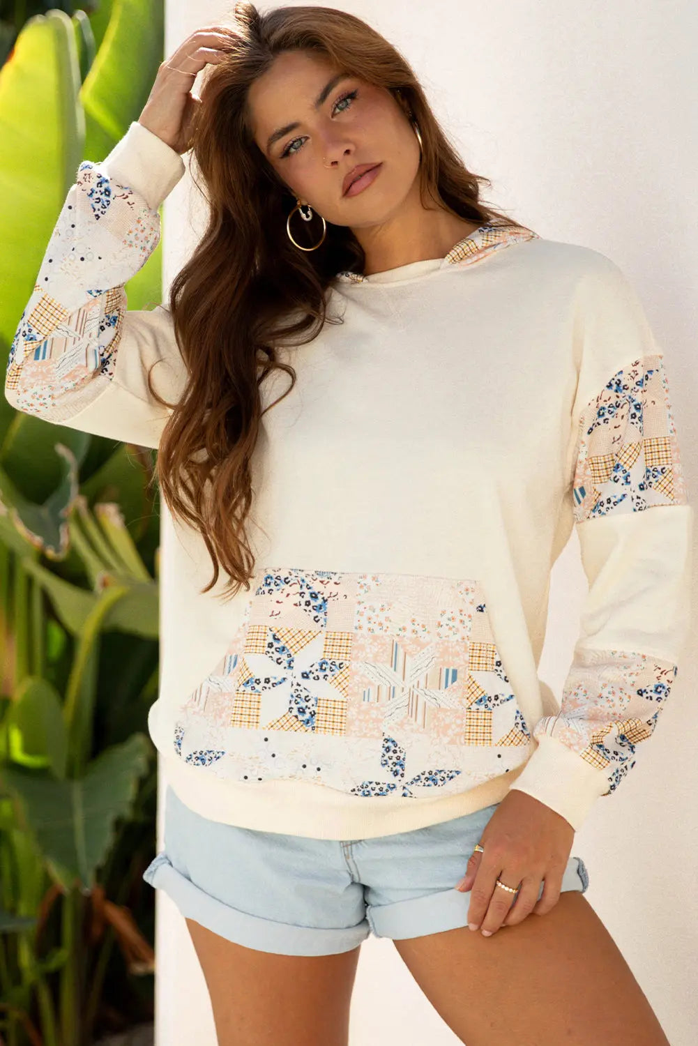 Beige Western Geo Pattern Patchwork Hoodie with Kangaroo Pocket Dear-Lover Dropshipping