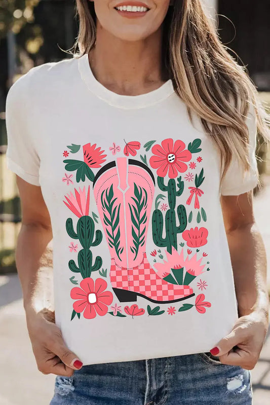 White Western Boots Flower Print Round Neck T Shirt Dear-Lover Dropshipping