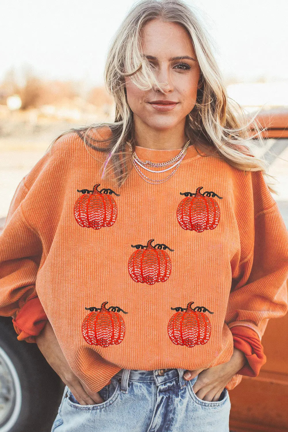 Orange Sequin Pumpkin Patched Twisted Rib Baggy Sweatshirt Dear-Lover Dropshipping