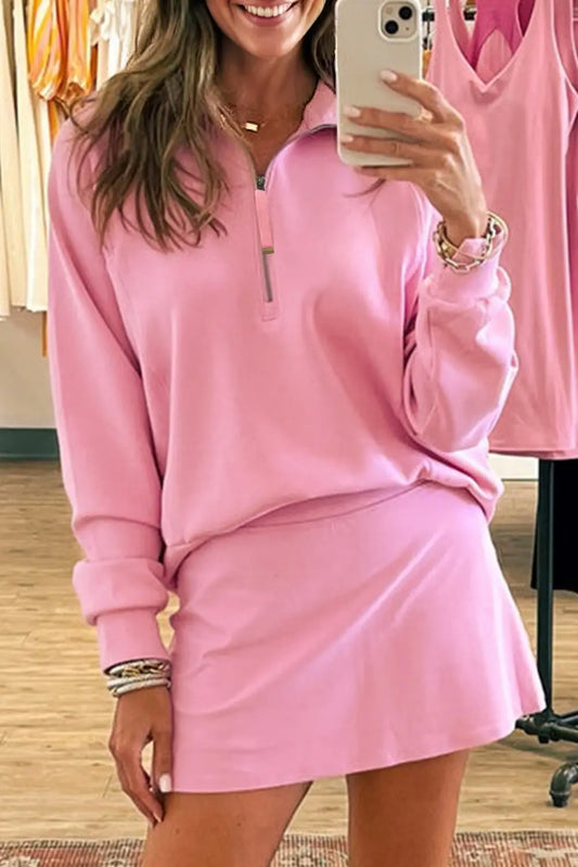 Pink Half Zip Sporty Pullover Mini Skirt 2pcs Outfit Dear-Lover Dropshipping