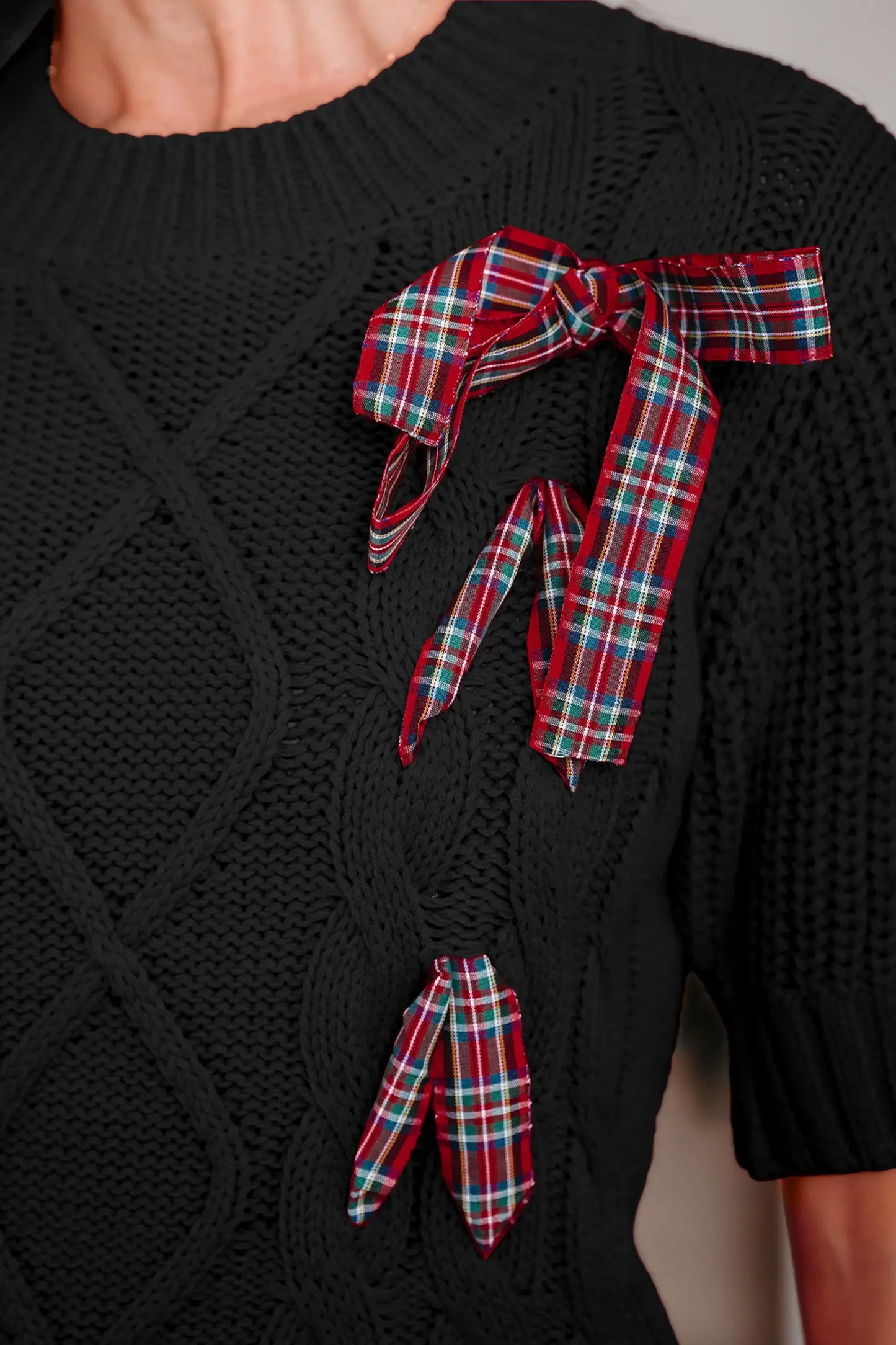 Black Plaid Lace up Detail Christmas Holiday Puff Short Sleeve Sweater Dear-Lover Dropshipping