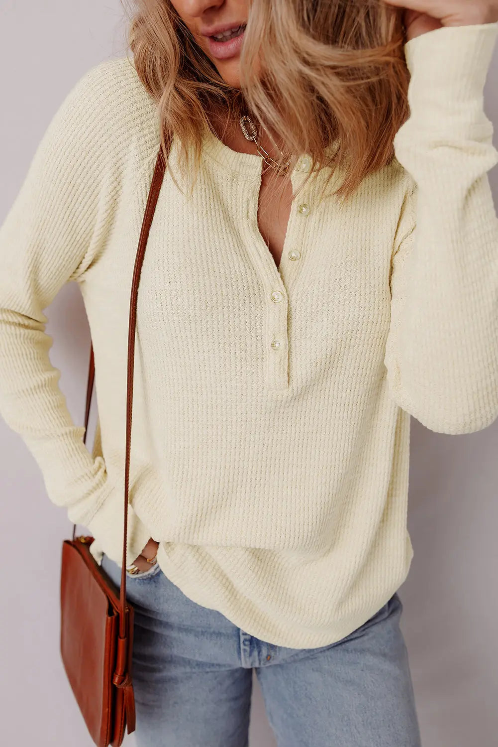 Oatmeal Textured Knit Half Buttons Henley Top Dear-Lover Dropshipping