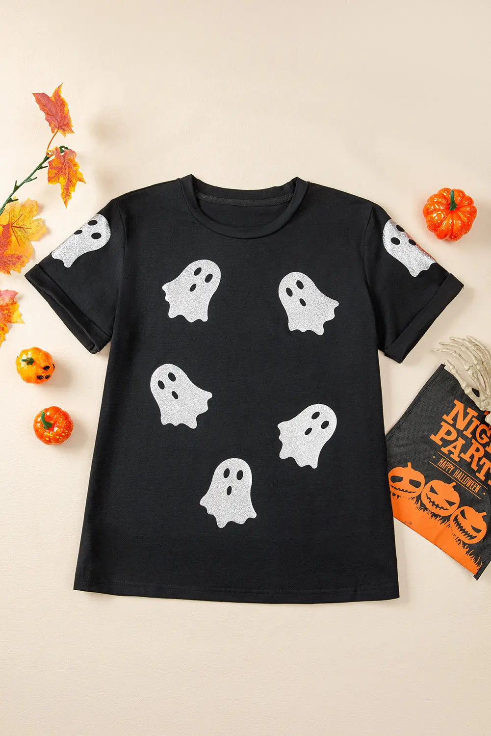 Black Glitter Ghost Pattern Crew Neck Halloween T Shirt Dear-Lover Dropshipping