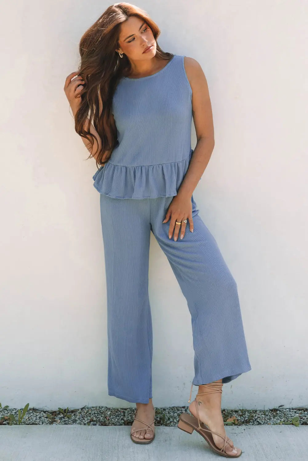 Beau Blue Solid Color Ribbed Ruffle Tank Top and Pants Set Dear-Lover Dropshipping