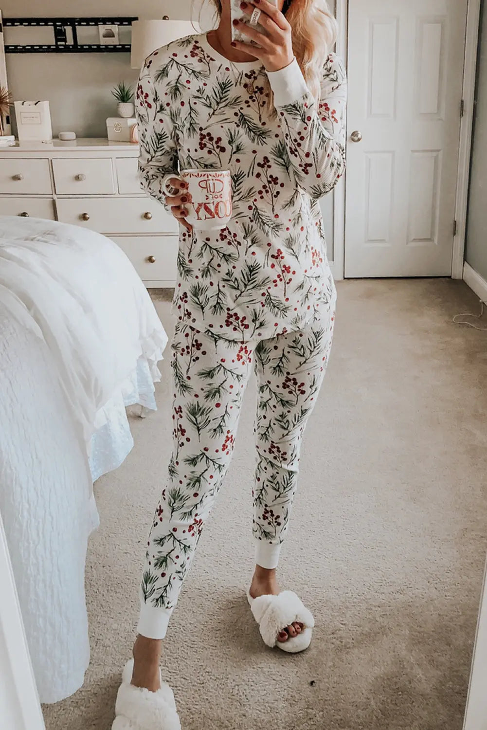 White Holly Print Thermal Pullover Pants Lounge Set Dear-Lover Dropshipping