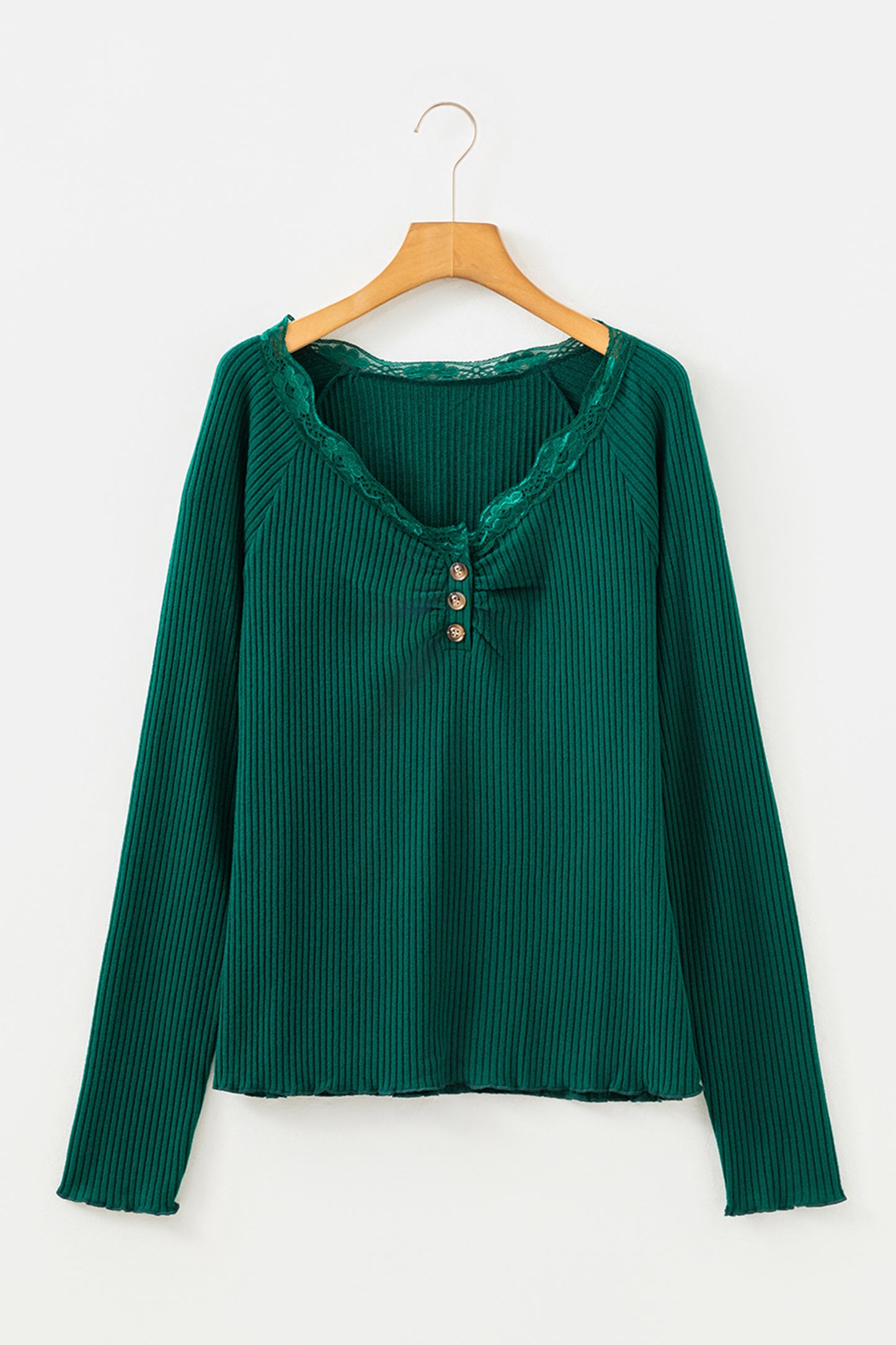 Skobeloff Lace Neckline Button Decor Lettuce Edge Long Sleeve Ribbed Top