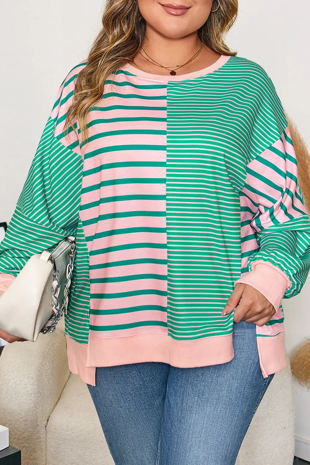 Green Stripe Color Block Exposed Seam Side Slit Plus Size Sweatshirt Dear-Lover Dropshipping