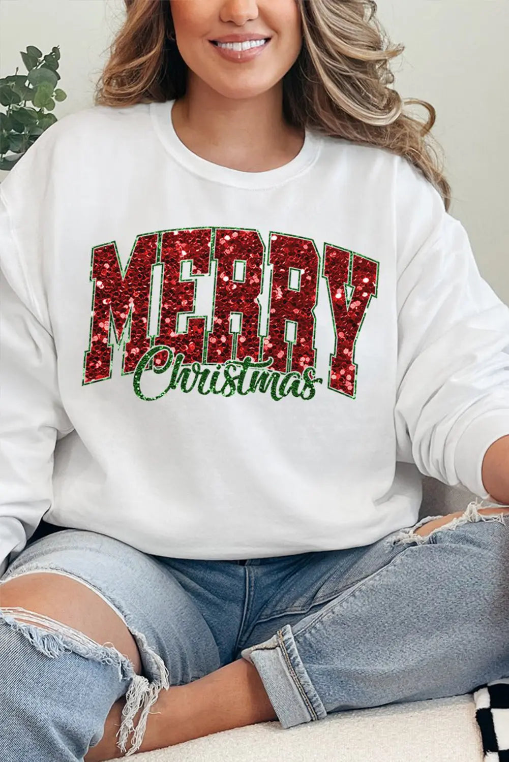 Beige MERRY Christmas Heat Transfer Printing Crewneck Pullover Sweatshirt Dear-Lover Dropshipping