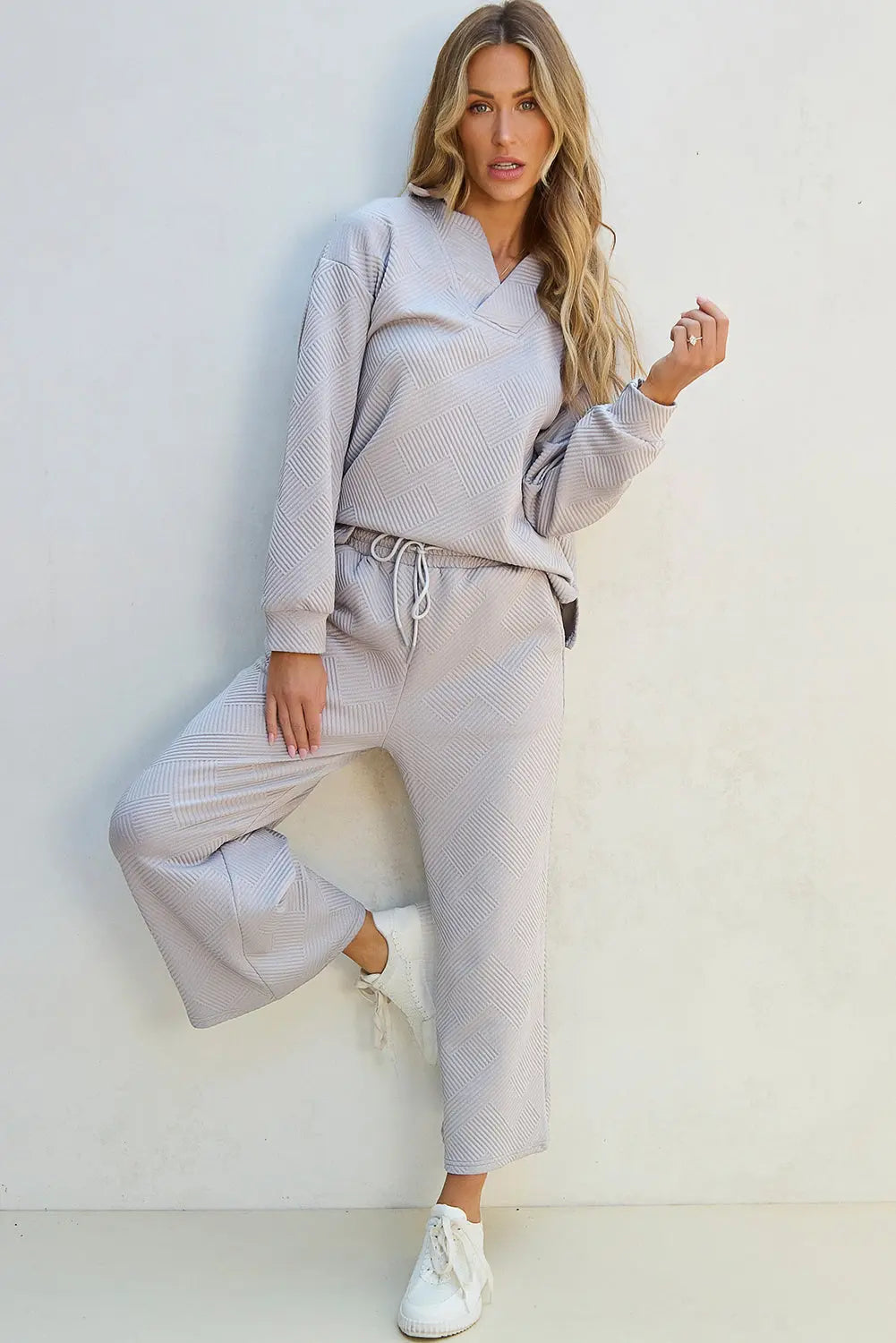 Light Grey Solid Textured Collared V Neck Top and Wide Leg Pants Set Dear-Lover Dropshipping
