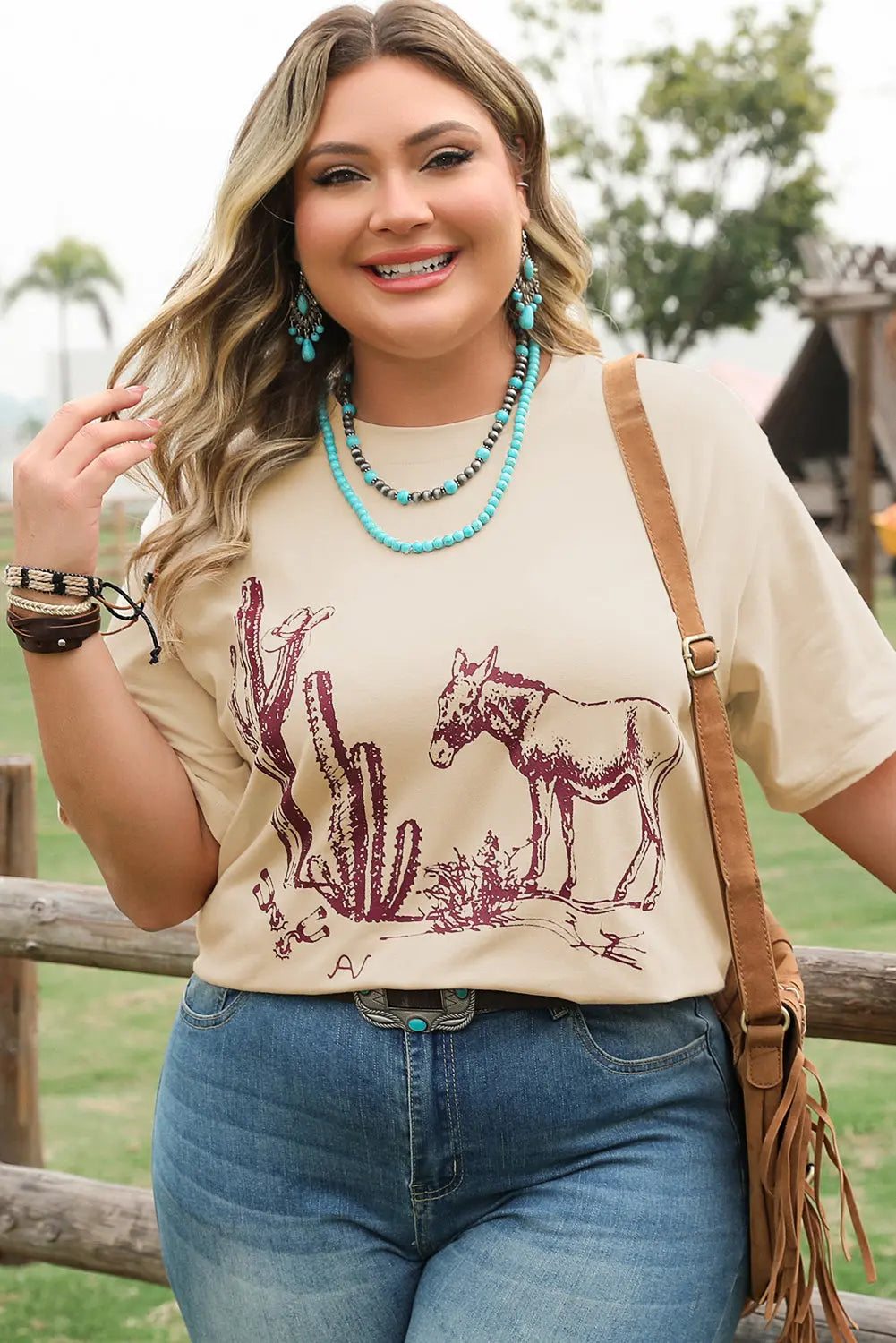 Parchment Western Burro Cactus Crew Neck Graphic Tee Dear-Lover Dropshipping
