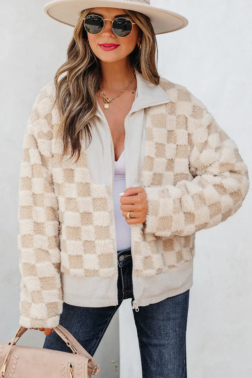 Khaki Checker Sherpa Corduroy Patchwork Zip up Collared Jacket Dear-Lover Dropshipping