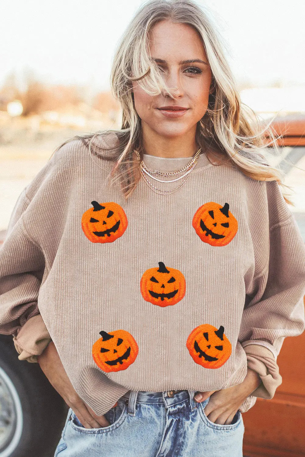 Apricot Twisted Rib Texture Chenille Halloween Pumpkin Patched Drop Shoulder Sweatshirt Dear-Lover Dropshipping