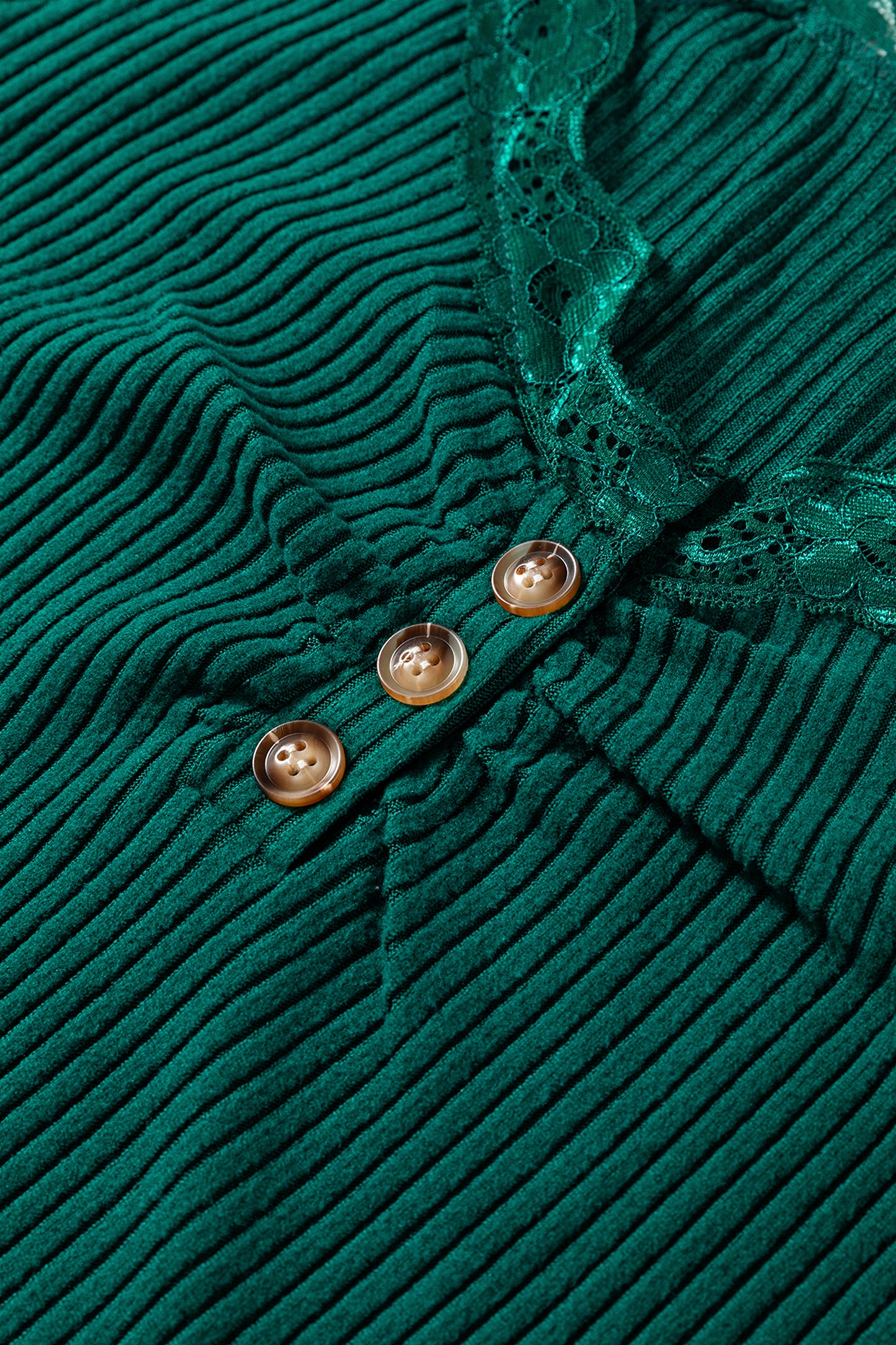 Skobeloff Lace Neckline Button Decor Lettuce Edge Long Sleeve Ribbed Top