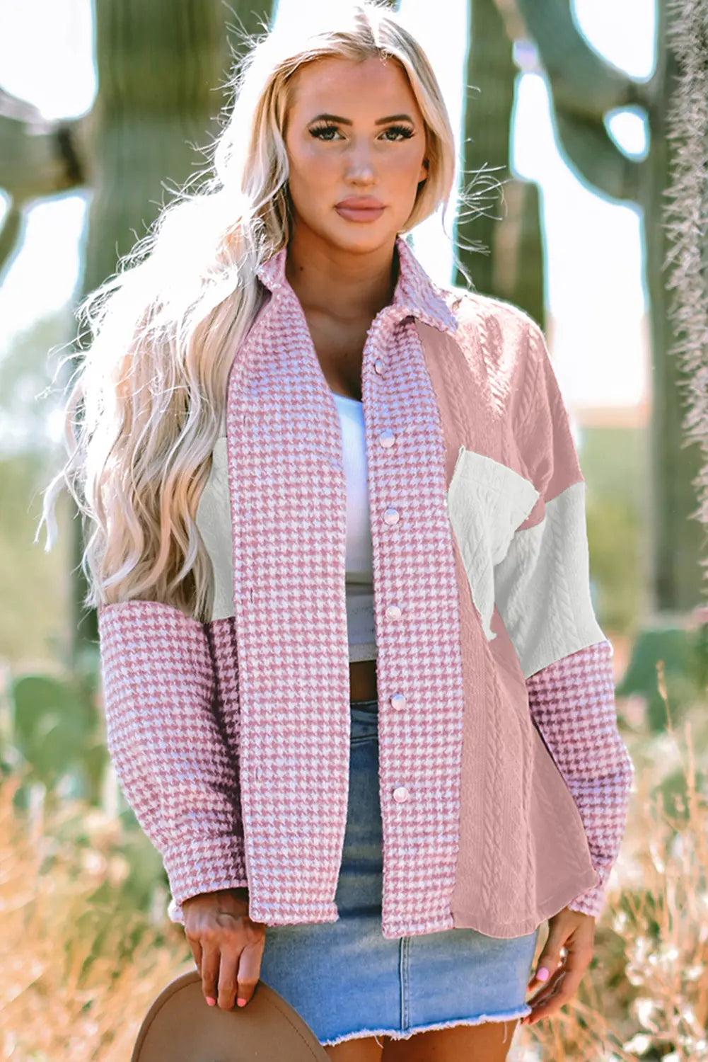 Pink Houndstooth Color Contrast Textured Patchwork Loose Shacket Dear-Lover Dropshipping