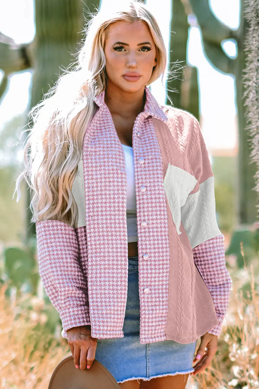 Pink Houndstooth Color Contrast Textured Patchwork Loose Shacket Dear-Lover Dropshipping