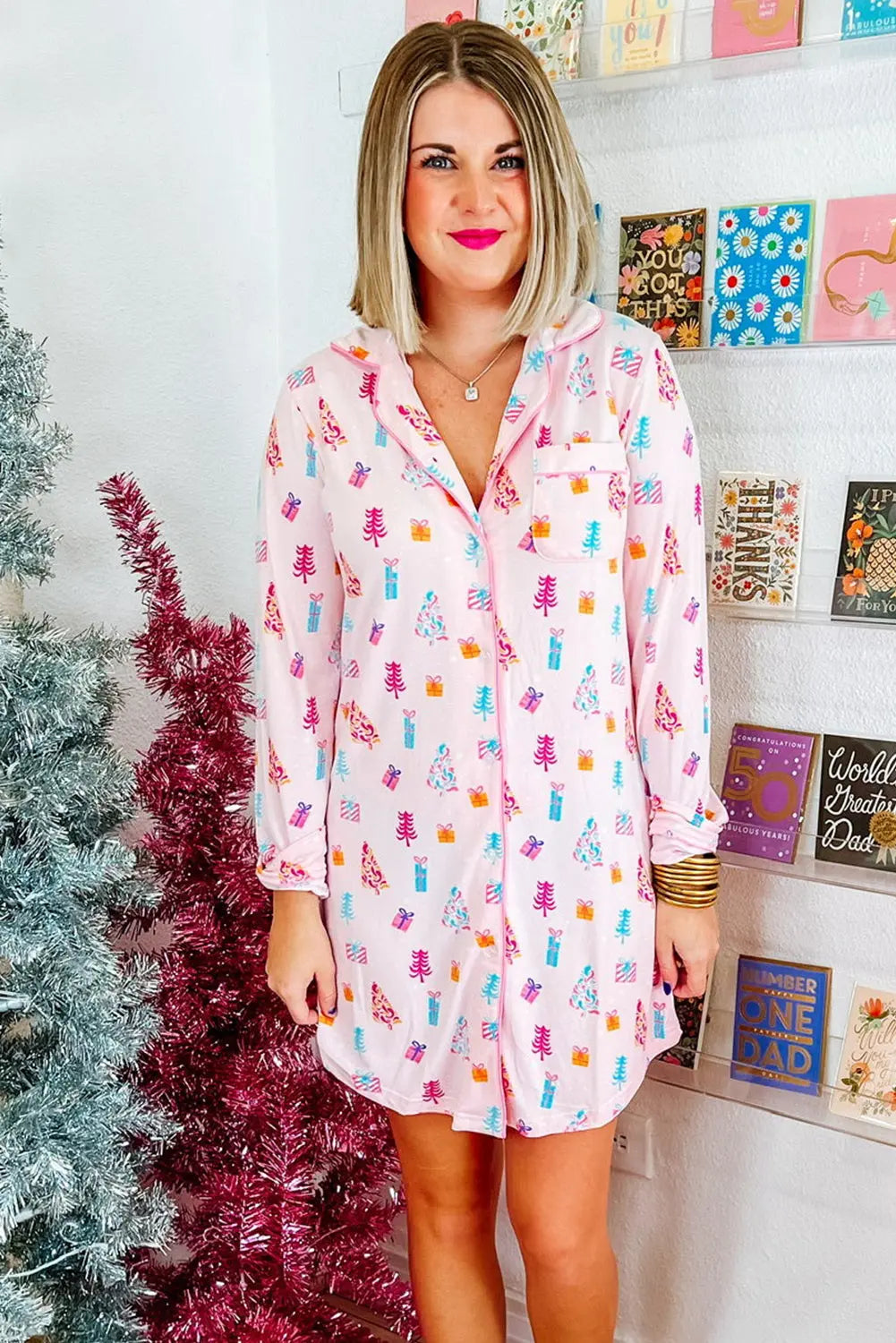 Pink Christmas Twinkle Tree Print Shirt Sleep Dress Dear-Lover Dropshipping