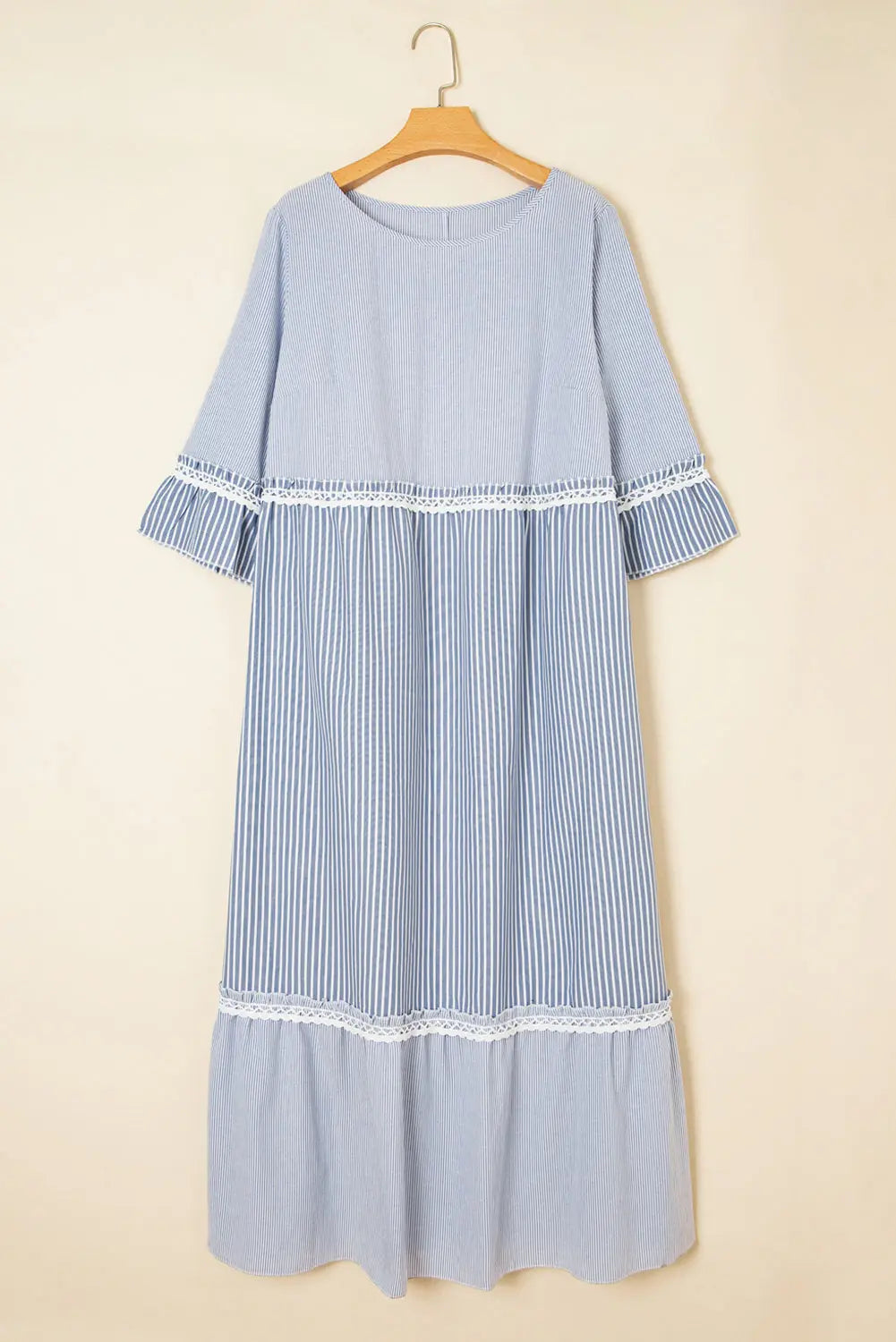 Sky Blue Stripe Crisscross Lace Detail Mixed Striped Patchwork Plus Size Shift Long Dress Dear-Lover Dropshipping