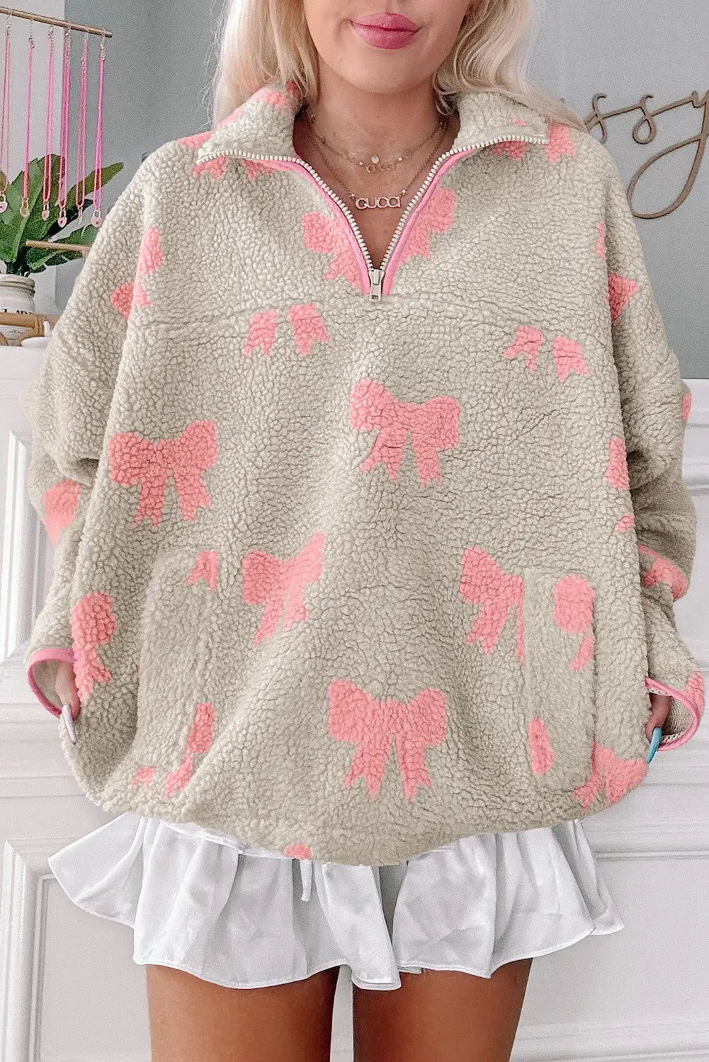 Gray Bow Sherpa Quarter Zip Drop Shoulder Baggy Sweatshirt Dear-Lover Dropshipping