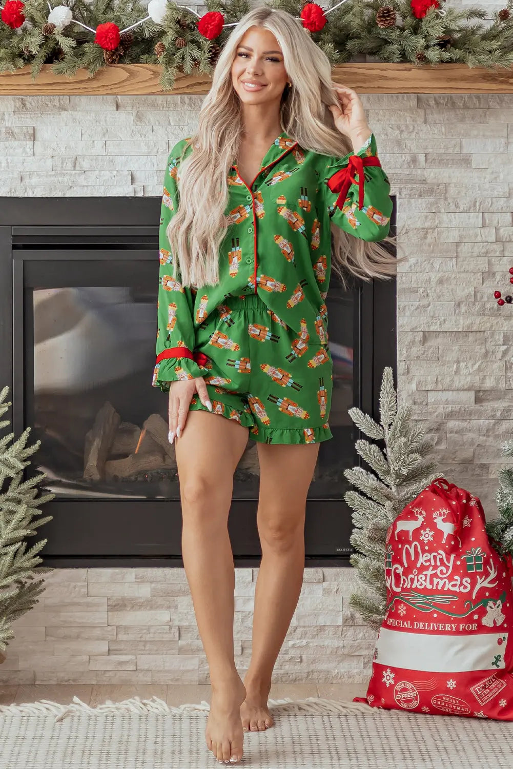 Green Christmas Candy Contrast Trim Bow Knot Silky 2pcs Pajama Set Dear-Lover Dropshipping