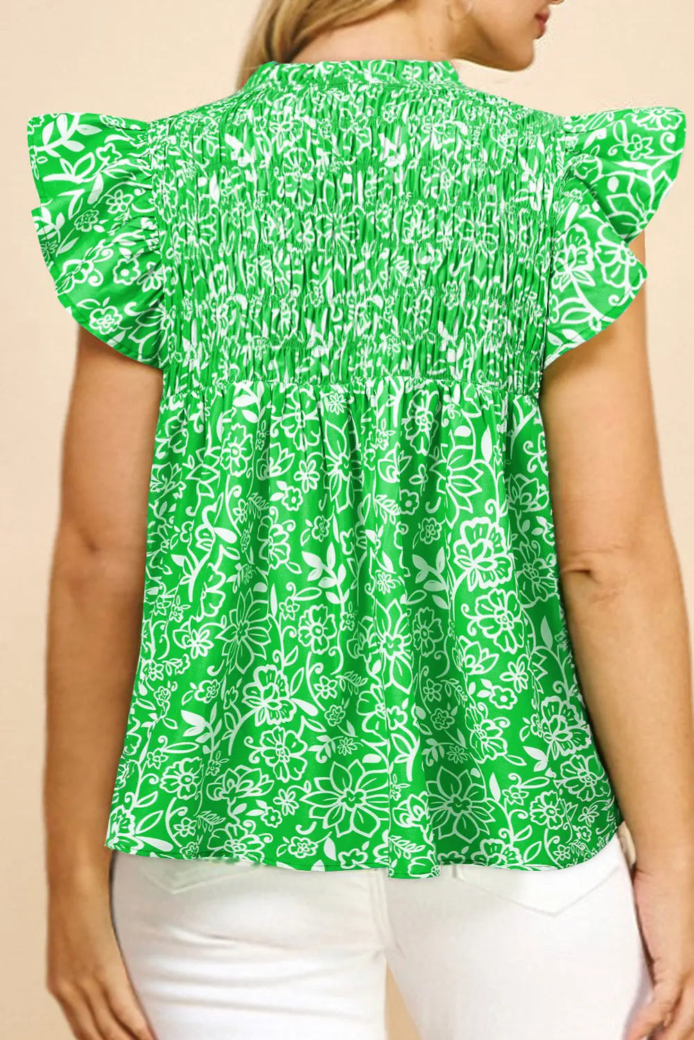 Green Floral Flutter Sleeve Shirred Notched Neck Plus Size Blouse Dear-Lover Dropshipping