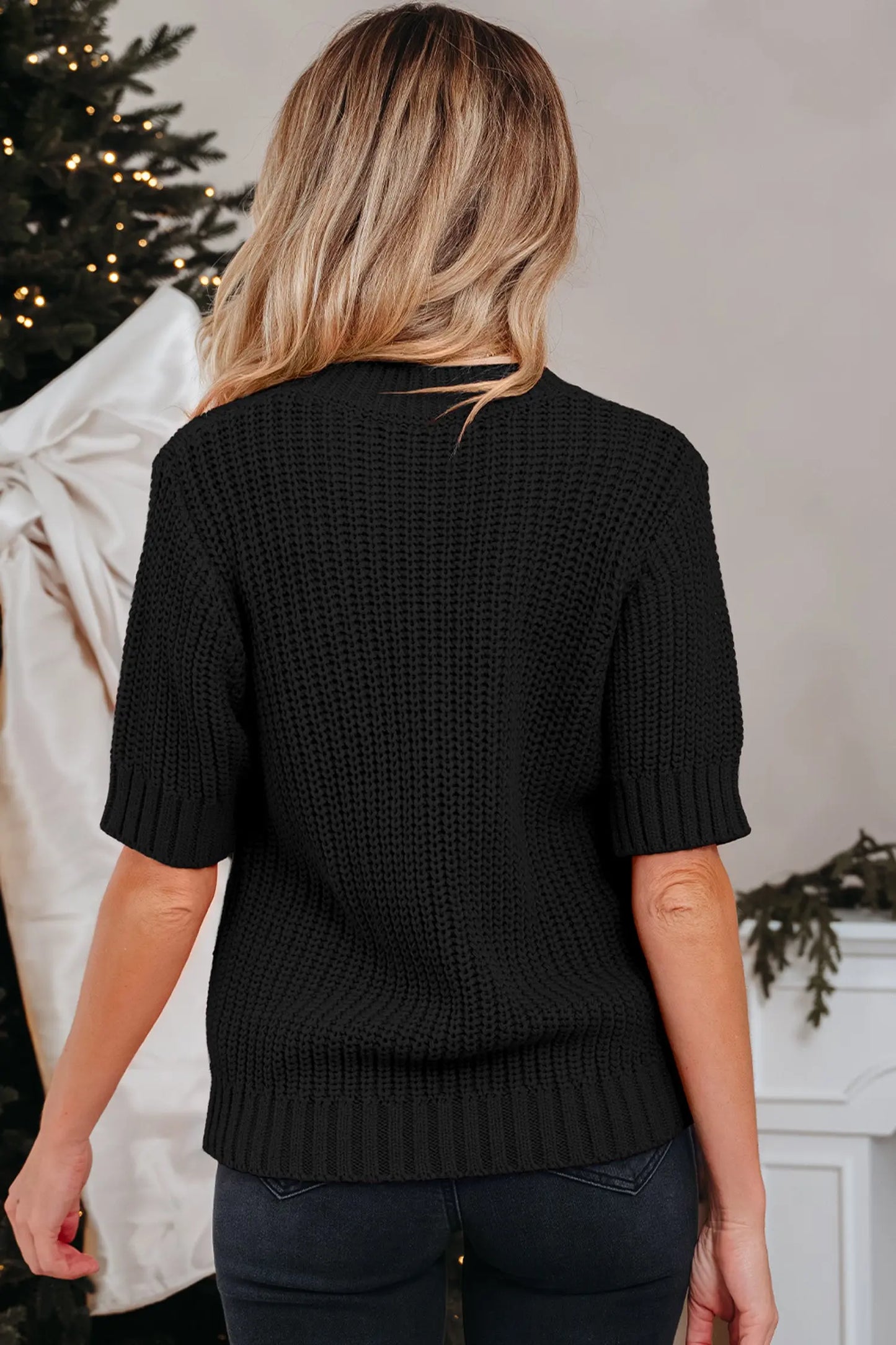 Black Plaid Lace up Detail Christmas Holiday Puff Short Sleeve Sweater Dear-Lover Dropshipping
