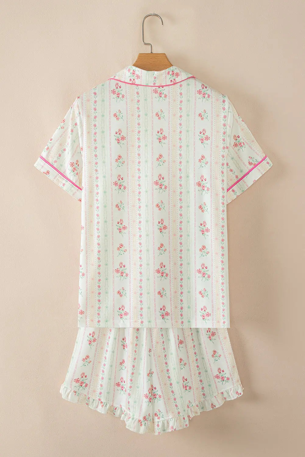 Beige Floral Print Contrast Pipping Short Pajamas Set Dear-Lover Dropshipping