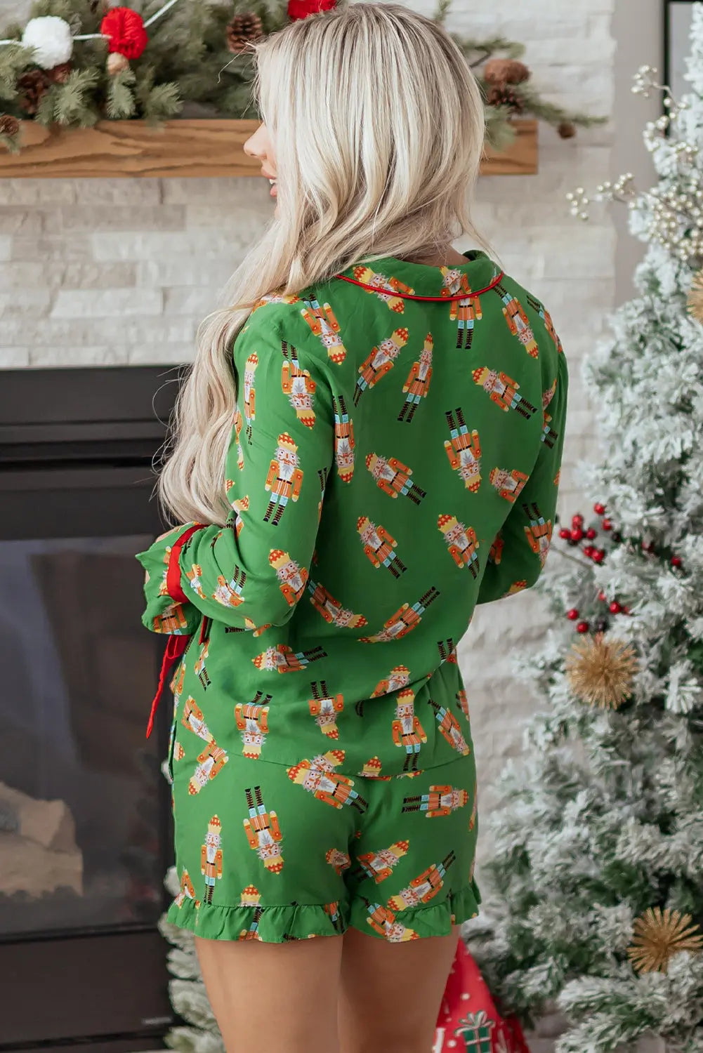 Green Christmas Candy Contrast Trim Bow Knot Silky 2pcs Pajama Set Dear-Lover Dropshipping