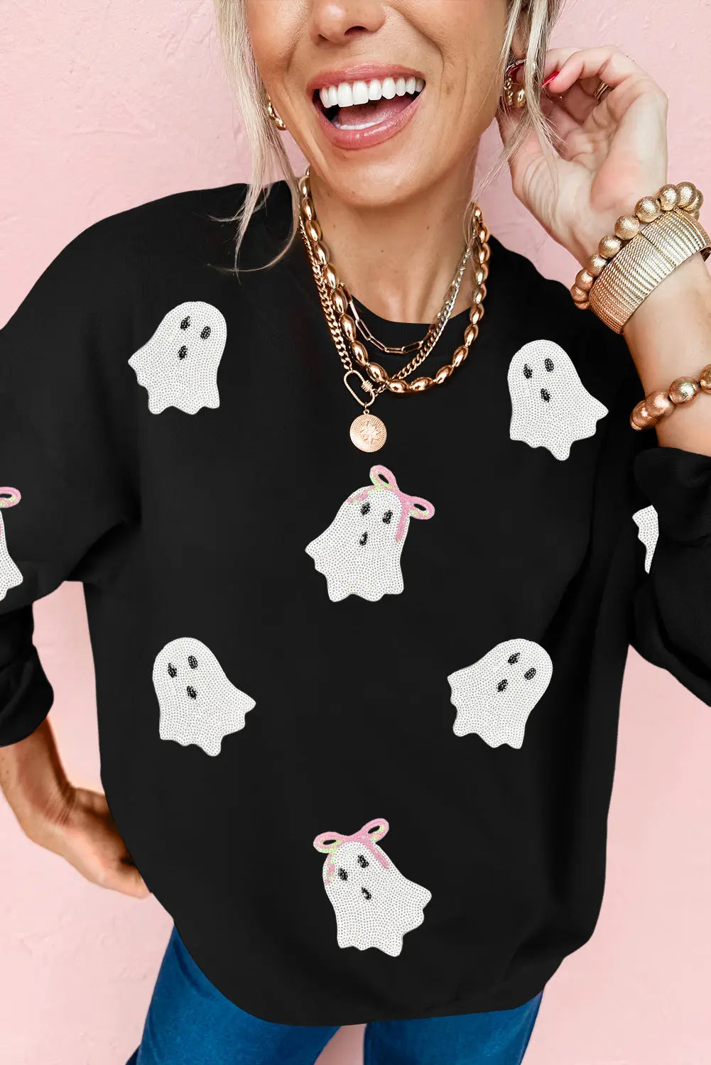 Black Sequin Cute Bow Ghost Graphic Crew Neck Halloween Sweatshirt Dear-Lover Dropshipping