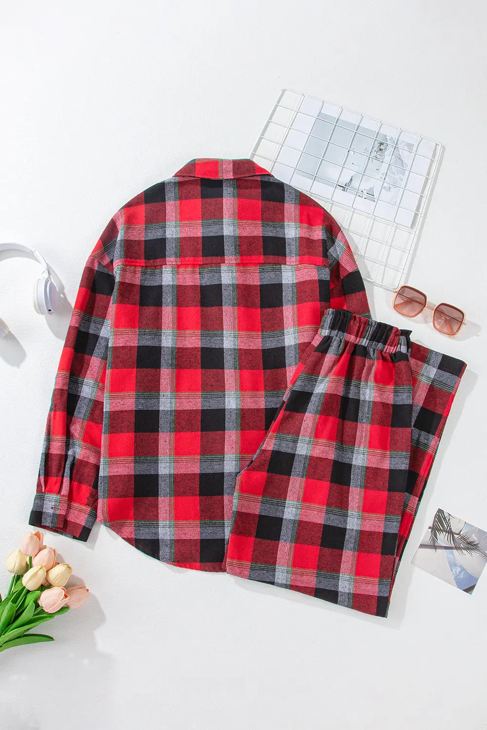 Red Christmas Checkered Pattern Loose Shirt and Pants Lounge Set Dear-Lover Dropshipping